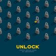 Lock and key 3D isometric pattern, Password unlock concept poster and banner square design illustration isolated on blue background with copy space, vector eps 10