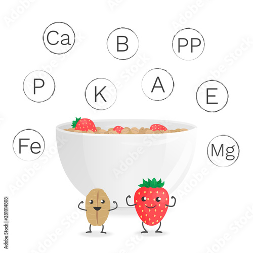 Vector Illustration With Bowl Of Oatmeal Smiling Cartoon
