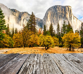 Wall Mural - Yosemite National Park Valley at cloudy autumn morning. Low clouds lay in the valley. California, USA.