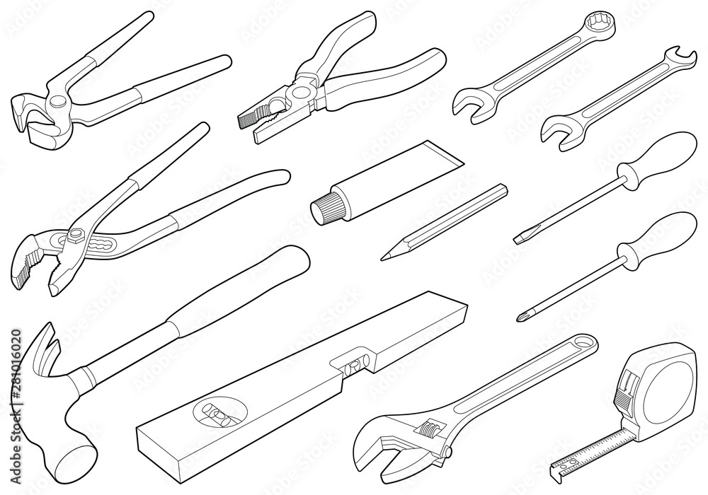 Construction tool collection - vector isometric outline illustration - obrazy, fototapety, plakaty 