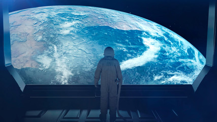 Wall Mural - alone astronaut in futuristic interior. sci fi room view of the earth. 3d rendering