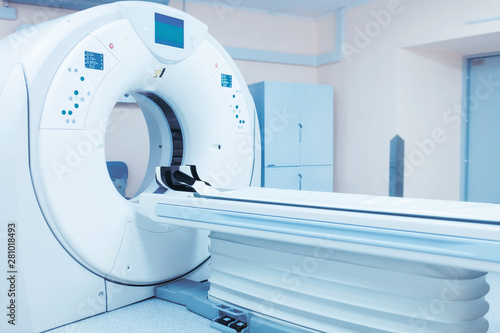 CT (Computed tomography) scanner in hospital laboratory. exam medical room scan. CMYK advertising banner. Health insurance concept, free medicine.