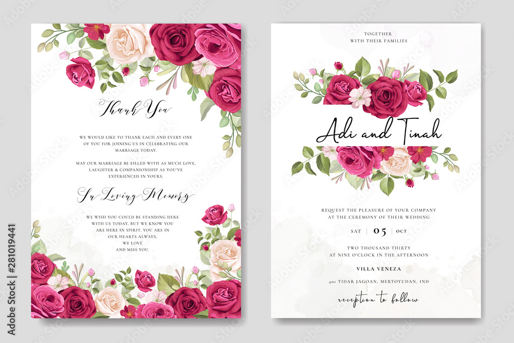 elegant wedding card design with beautiful roses wreath template - obrazy, fototapety, plakaty 