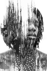 Wall Mural - Paintography. Expressive African man combined with dramatic double exposure art techniques and hand drawn paintings