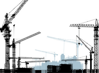 Poster - seven black and four grey building cranes on white