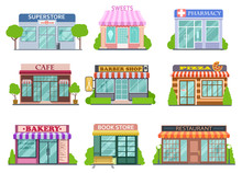 Flat Shops Set. Barber Shop, Bookstore And Pharmacy. Bakery And Pizza Isolated Cartoon Stories Vector Collection. Store And Pizza, Restaurant Facade, Market Building Illustration