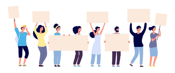 Wall Mural - Protest. People crowd holding blank banners, manifesting activists demonstrating empty signs. Street demonstration vector concept. Illustration of placard protester, political revolution, demonstrate