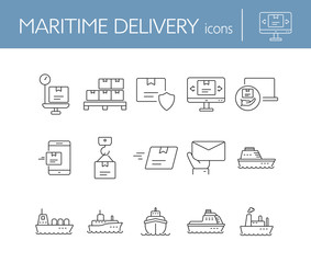 Poster - Maritime delivery icons. Set of line icons. Parcel security, storage, ship. Export concept. Vector illustration can be used for topics like shipping, logistics, transportation