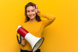 © Asier - Young european woman holding a megaphone showing victory sign and smiling broadly.