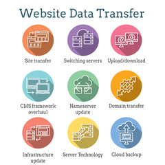 Wall Mural - Website Data Transfer Icon Set with laptops, arrows, & imagery of transfer