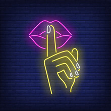 Shh Gesture Neon Sign. Female Hand, Index Finger On Pink Lips. Gestures Concept. Vector Illustration In Neon Style, Glowing Element For Topics Like Silence, Quiet, Secret