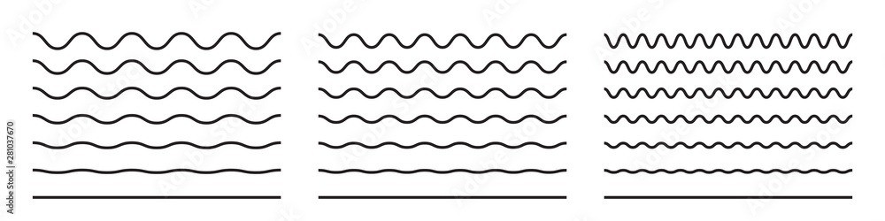 Wave line and wavy zigzag pattern lines. Vector black underlines, smooth end squiggly horizontal curvy squiggles - obrazy, fototapety, plakaty 