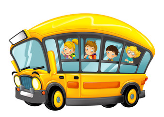 Wall Mural - funny looking cartoon yellow bus with pupils on white background - illustration for children