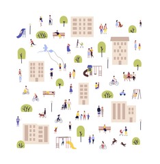 Wall Mural - People walking with children or dogs, riding bikes, sitting on bench in city suburbs or outskirts. Cartoon men and women performing outdoor activities on suburban street. Flat vector illustration.