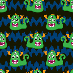 Wall Mural - Abstract seamless halloween pattern for girls or boys. Creative vector pattern with fluffy monster, with horns and a tail, basket for sweets in the form of a skull halloween. Funny pattern for textile