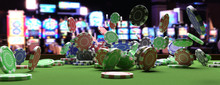 Poker Chips Falling On Green Felt Roulette Table, Blur Casino Interior Background. 3d Illustration
