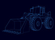 Contour of the bulldozer from the blue lines on a dark background. Vector illustration