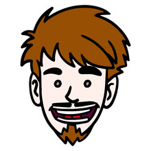Face Of A Young Man With Brown Curly Head And Beard Who Laughs. Character, Scribble, Outline, Comic, Ink, Sketch, Doodle, Vector, Illustration, Line, Cartoon, Black, White, Drawing, Stroke