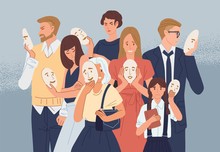 Group Of People Covering Their Faces With Masks Expressing Positive Emotions. Concept Of Hiding Personality Or Individuality, Psychological Problem. Flat Cartoon Colorful Vector Illustration.
