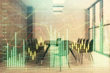 Multi exposure of stock market graph on conference room background. Concept of financial analysis