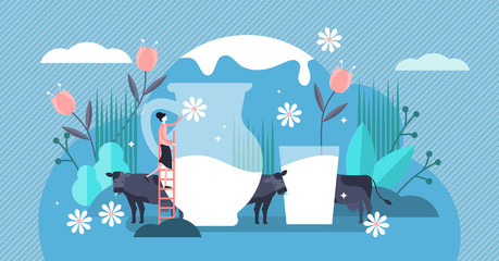 Milk vector illustration. Flat tiny fresh cow beverage drink person concept