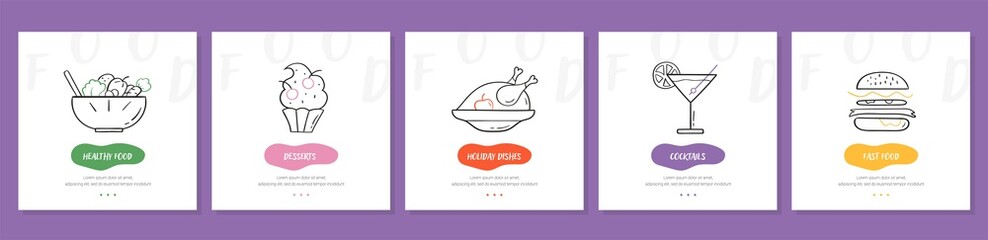 Wall Mural - set of line style food illustrations - part 2. hand drawn modern nutrition concept. food banner temp