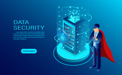 Data security concept banner with hero protect data and confidentiality and data privacy protection concept with icon of a shield and lock. flat isometric vector illustration