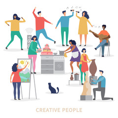 Canvas Print - Creative people characters of group vector background. Profession artist and sculptor making statue illustration