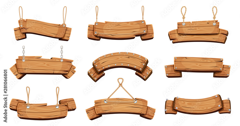 Wooden banners. Blank signboards with chains ropes and bolts vector tablet banners. Wood blank banner hanging, empty signboard illustration - obrazy, fototapety, plakaty 