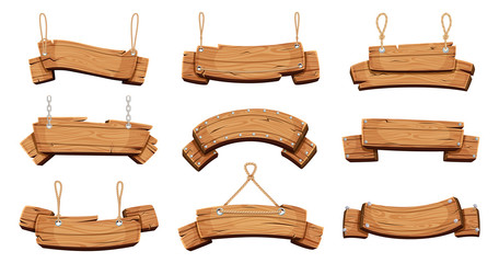 Wall Mural - wooden banners. blank signboards with chains ropes and bolts vector tablet banners. wood blank banne
