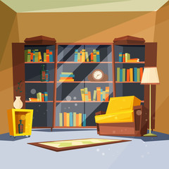 Canvas Print - Room with books. House apartment with home library shelves inside of living room for reading vector picture. Illustration of bookshelf and armchair, interior library