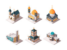 Religion Buildings. Islamic Mosque Arabic Architectural Objects Lutheran Catholic Christian Religion Landmarks Vector Isometric. Christianity And Catholic Cathedral, Muslim Religious Illustration