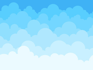 Wall Mural - cloud sky cartoon background. blue sky with white clouds flat poster or flyer, cloudscape panorama p