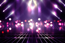 Empty Background Scene. Ultraviolet Light, Bokeh, Blurred Rays. Rays Of Neon Light In The Dark, Neon Figures, Smoke. Background Of Empty Stage Show. Abstract Dark Background.