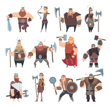 Viking Cartoon. Scandinavian Mythologyy Characters Norway Costume Vikings Warrior Male And Female Vector Illustrations. Viking And Warrior, Norway Scandinavian People