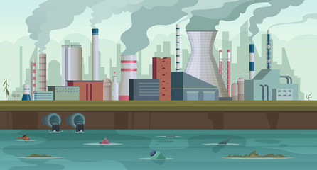 Poster - Dirty factory. Trash and smoke from urban factory production river pollution city smog in sky concept background. Pipe pollution, factory building production illustration