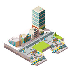 Sticker - City subway. Urban landscape infrastructure with buildings and cross section railway metro vector low poly isometric. Railway train isometric, public subway illustration