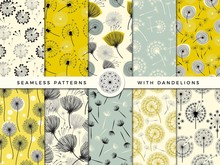 Dandelion Seamless. Wind Flowers Nature Herbal Decorate Vector Collection For Print Design Project. Dandelion Flower Pattern, Nature Endless Bloom Illustration