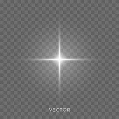 Star light, white shine glow sparks effect on transparent background. Vector bright lens flare sparkles, starlight flash with shiny rays