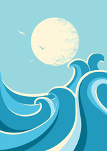 Big Ocean Waves .Vector Seascape With Sea Waves And Sky Background For Text