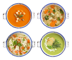 Set of different fresh homemade soups on white background, top view