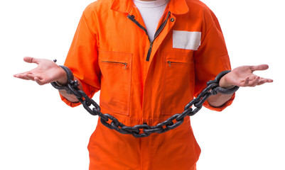 Wall Mural - Prisoner with his hands chained isolated on white background