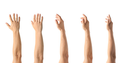 Wall Mural - african-american man extending hand for shake on white background, closeup