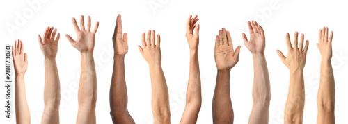 Fotografía African-American man extending hand for shake on white background, closeup
