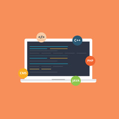 Programming and software, website and application development. Flat vector illustration isolated on white background.