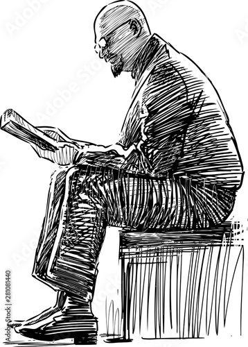 Sketch Of An Elderly Man Reading A Book On A Park Bench