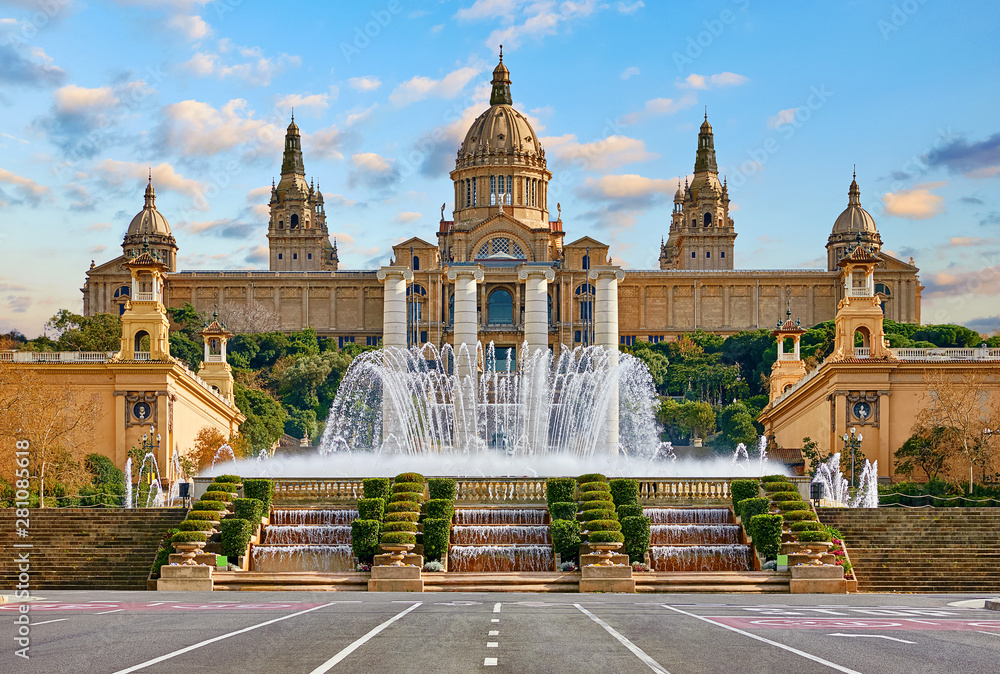 Barcelona, Spain. National Palace museum of Barcelona at Spanish Square with fountain at summer day. - obrazy, fototapety, plakaty 