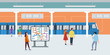 © Flash Vector - Metro flat vector illustration. Passengers in subway cartoon characters. Rapid transit. Modern city public transport, underground train. People watching metro mapping and waiting for subway car