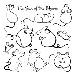 Chinese New Year 2020. The Year of the Mouse or Rat. Vector outline hand drawn brush illustration with different animal characters in various poses