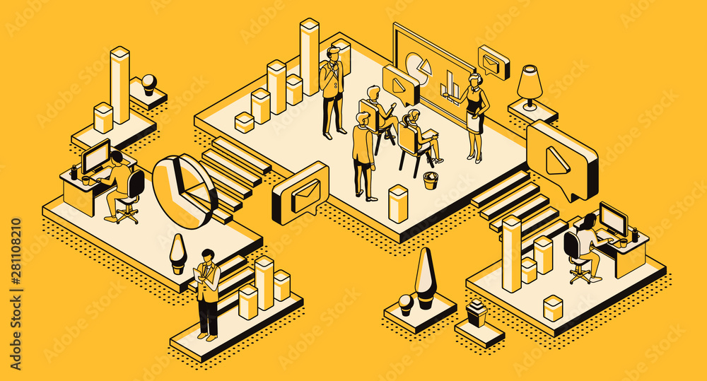 Marketing strategy, financial analytic company, agency working process in office, business people planning, analyzing statistics data, doing presentation, isometric 3d vector illustration, line art - obrazy, fototapety, plakaty 